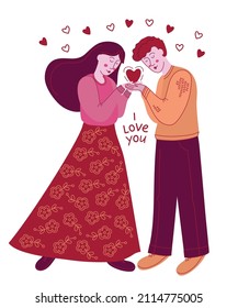 Couple in love hugging with heart. Vector illustration for Valentines Day 