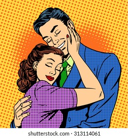 Couple In Love Hugging Husband Wife Retro Pop Art Love Romance