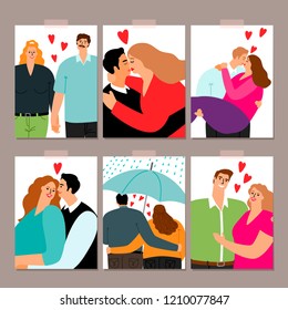 Couple in love, hugging and kissing couples, cards collection, vector illustration