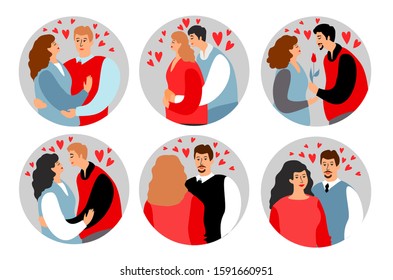 Couple in love, hugging and kissing couples, women and men avatars illustration. Vector couple in love in a circular frame. Couple woman and man happy, cartoon people romance illustration