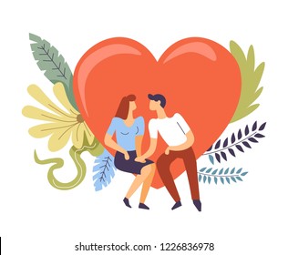 Couple in love hugging and kissing, heart and flowers vector. Romantic people spending time together, female and male happy pastime. Relationship building, fondness and tenderness of wife and husband