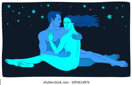 Couple in love. Hugging lovers sitting under the starry sky. Two full length figures. Romantic concept for Valentines day. Vector illustration