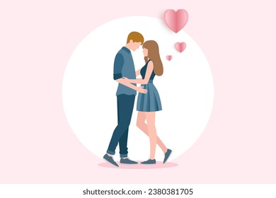 couple in love hugging, People are happy from love, hearts pink floating , falling in love and love sharing, Vector illustration 