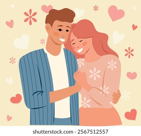 Couple in love hugging and smiling surrounded by hearts and flowers on a decorative beige background, symbolizing love and happiness- Valentine's Day