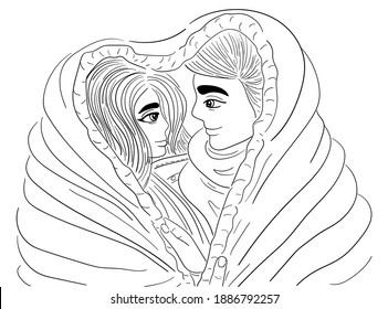 Couple in love hugging under one blanket, black outline drawing isolated on white background, stock vector illustration for design and decor
