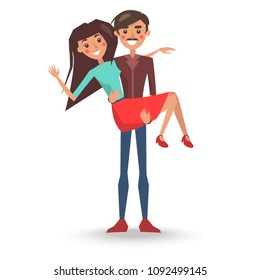 Couple in love hugging vector illustration isolated on white. Male holds female on arms, strong man with tender woman in casual cloth