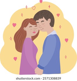 A couple in love hugs. The characters are in a romantic relationship. A date with a man who can be found on a dating site or in a mobile application.  Cartoon vector illustration for Valentine's Day.