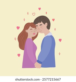 A couple in love hugs. The characters are in a romantic relationship. A date with a man who can be found on a dating site or in a mobile application.  Cartoon vector illustration for Valentine's Day.