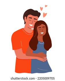 A couple in love hugs. A guy and a girl together. Illustration for Valentine's Day. Vector graphics.