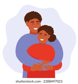 A couple in love hugs for a long time together. A happy man and a woman have a tender relationship. Vector abstract graphics.