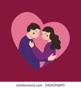 Couple in love hugs and looks into each others eyes with tenderness. Valentines day flat illustration for greeting card, banner, poster