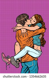 couple in love hugs passionate kiss. man holding woman in his arms. Comic cartoon pop art retro vector illustration drawing