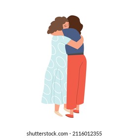 Couple in love hugs. Love relationship of two woman. Taking care of each other. Strong embrace of two partners. Cartoon characters. Hand-drawn vector illustration. All elements are isolated. 