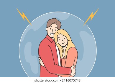 Couple in love hugs, standing in protective cocoon, feeling safe thanks to presence other half. Couple from Boyfriend and girlfriend are protected by bubble that prevents violation of personal space