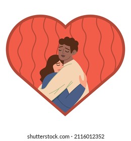 Couple in love hugs. Strong embrace of two partners. Cartoon characters on the background of the heart. Hand-drawn vector illustration. All elements are isolated.