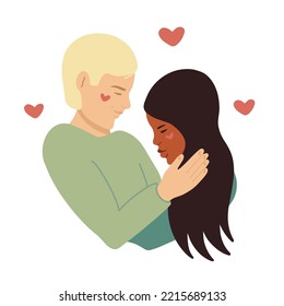 A couple in love hugs. Vector flat illustration on an isolated background. Valentine's Day. A European man and an African-American girl. For postcards, posters, invitations, stickers, souvenir design