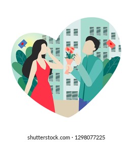 A couple in love, husband and wife, a man gives a woman flowers, a declaration of love, an anniversary celebration. Vector flat illustration