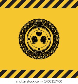 couple in love icon black grunge emblem inside yellow warning sign. Vector Illustration. Detailed.