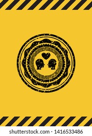 couple in love icon black grunge emblem inside yellow warning sign. Vector Illustration. Detailed.