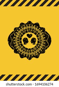 couple in love icon black grunge emblem inside yellow warning sign. Vector Illustration. Detailed.