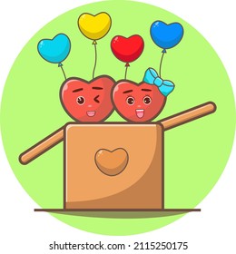 A couple of love icon is in box laughing happily, with some balloons so cute, vector for valentine