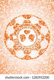 couple in love icon inside abstract emblem, orange mosaic background