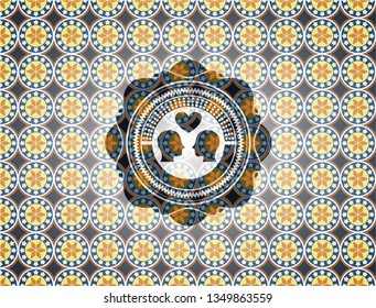 couple in love icon inside arabic badge background. Arabesque decoration.