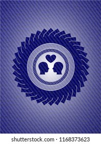 couple in love icon inside badge with denim background