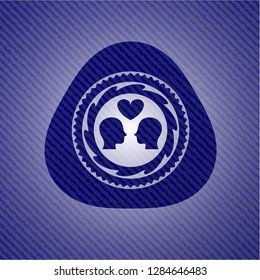 couple in love icon inside badge with denim texture