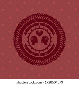 couple in love icon inside badge with red background. 