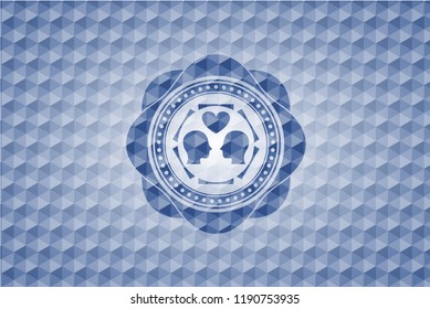 couple in love icon inside blue emblem with geometric background.