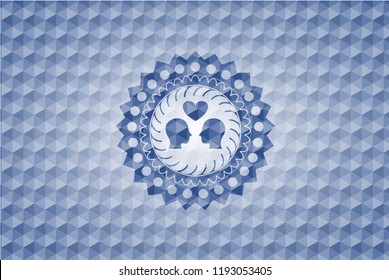 couple in love icon inside blue emblem or badge with abstract geometric pattern background.