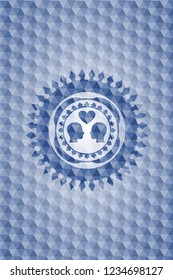 couple in love icon inside blue emblem or badge with abstract geometric polygonal pattern background.