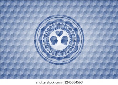 couple in love icon inside blue badge with geometric background.