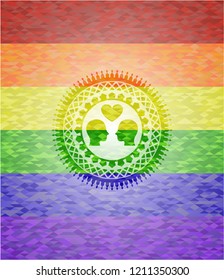 couple in love icon inside emblem on mosaic background with the colors of the LGBT flag