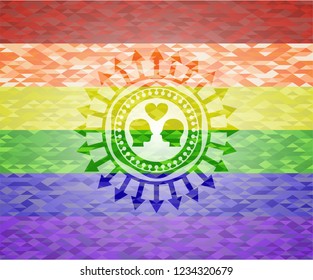 couple in love icon inside emblem on mosaic background with the colors of the LGBT flag