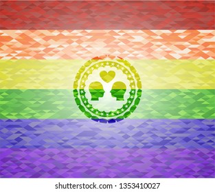 couple in love icon inside emblem on mosaic background with the colors of the LGBT flag