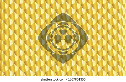 couple in love icon inside gold emblem or badge. Scales pattern. Vector Illustration. Detailed.