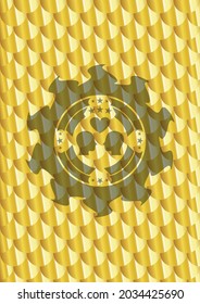 pareja en icono de amor dentro del emblema de oro o la insignia. Patrón de escalas. Ilustración vectorial. Detallado. 