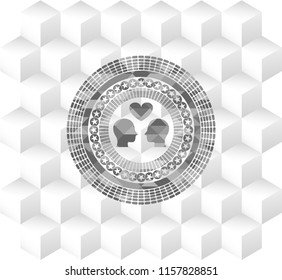 couple in love icon inside grey badge with geometric cube white background