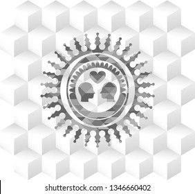 couple in love icon inside grey emblem. Retro with geometric cube white background