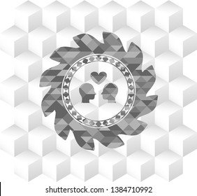 couple in love icon inside grey badge with geometric cube white background