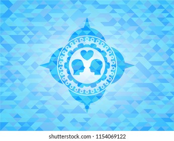 couple in love icon inside light blue emblem. Mosaic background