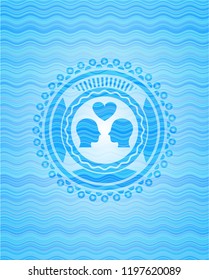 couple in love icon inside light blue water badge.