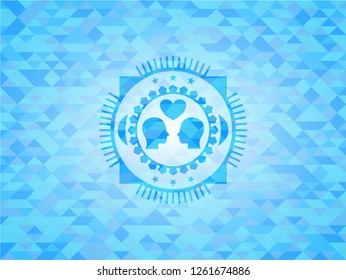 couple in love icon inside realistic sky blue emblem. Mosaic background