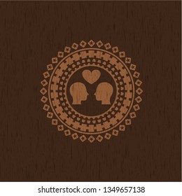 couple in love icon inside realistic wooden emblem