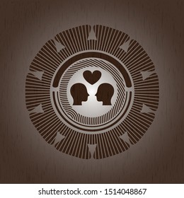 couple in love icon inside realistic wooden emblem