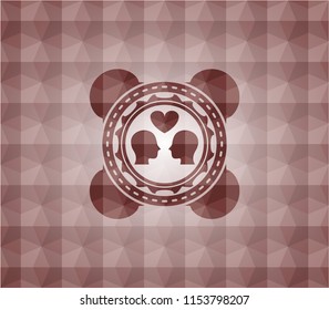 couple in love icon inside red emblem or badge with abstract geometric pattern background. Seamless.