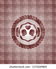 couple in love icon inside red emblem or badge with abstract geometric pattern background. Seamless.
