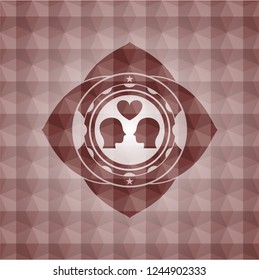 couple in love icon inside red badge with geometric pattern. Seamless.